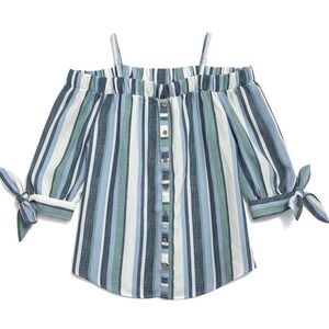 IZ Byer Womens Blouse Blue Striped Off Shoulder Tie Sleeve Coastal Boho Beachy M